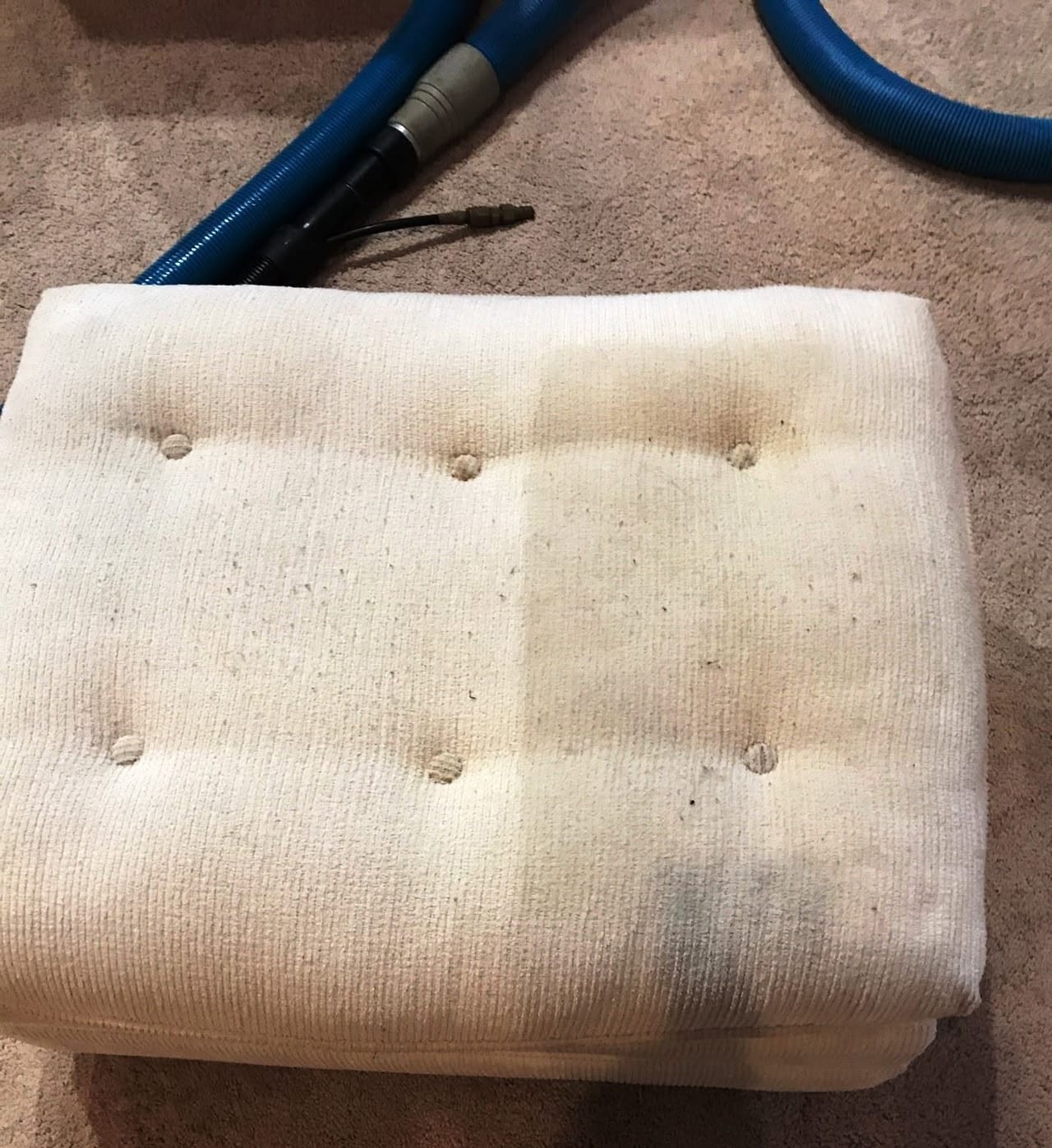 A tufted ottoman cushion halfway through cleaning, the cleaned half noticeably brighter than the soiled half